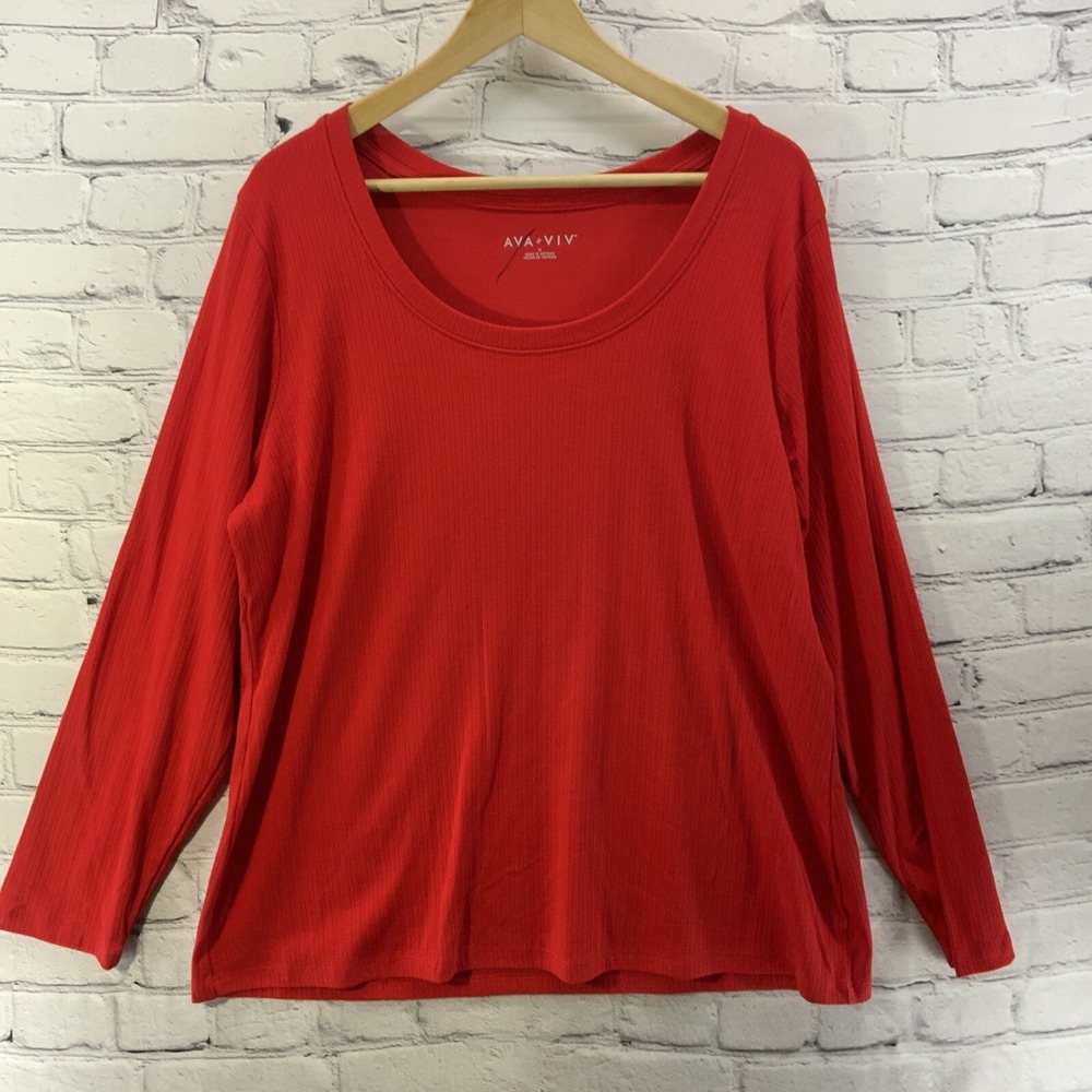 Ava Viv Long Sleeve‎ Tee Womens Plus Sz 1X Red Ribbed